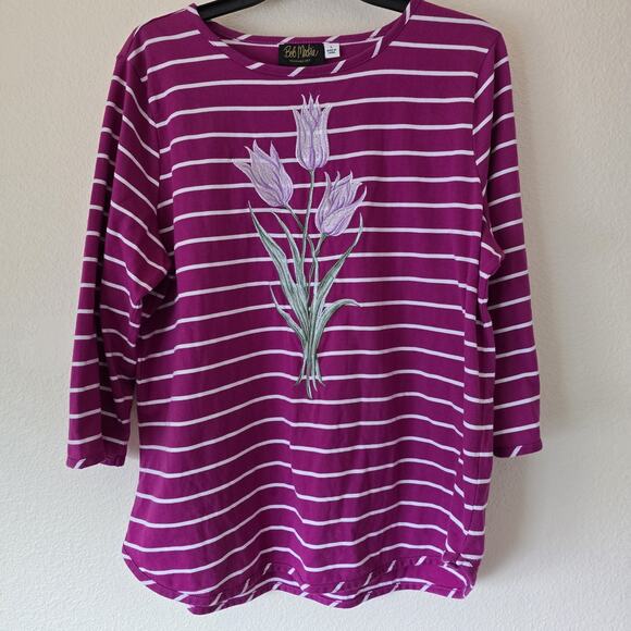 Bob Mackie Artsy Women’s Large Pink Stripe Floral Embroider 3/4 Sleeve Shirt Top - Picture 1 of 7